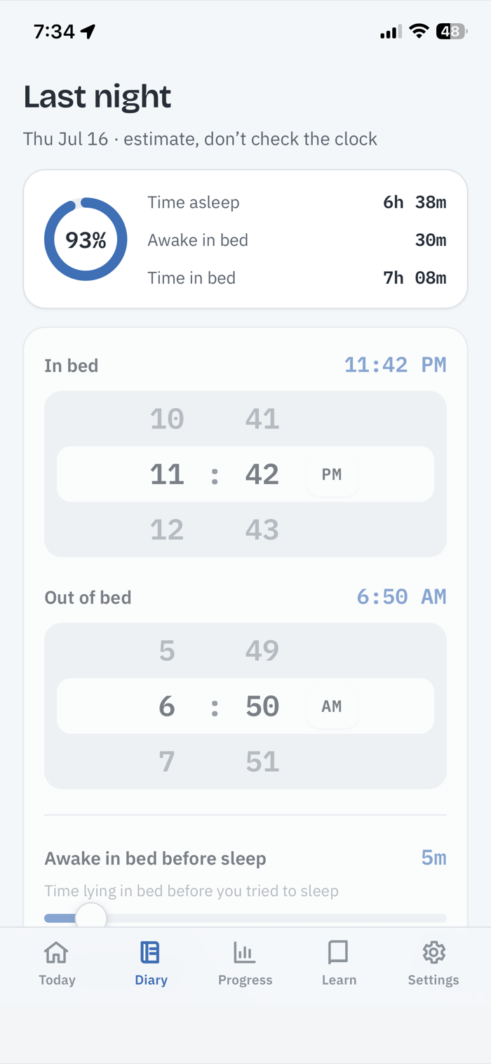 CBT-I Coach screenshot 2 — Nightly diary